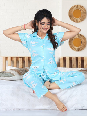 Zionity Women Printed Blue Shirt & Pyjama set