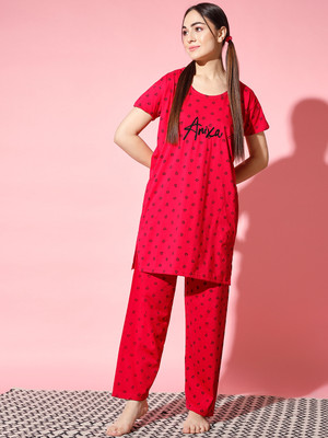 Fame Hype Women Printed Pink Night Suit Set