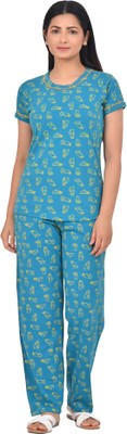 Digsel Cool Cotton Women Printed Dark Green Top & Pyjama Set