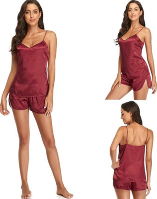 MARDIA Women Solid Maroon Night Suit Set
