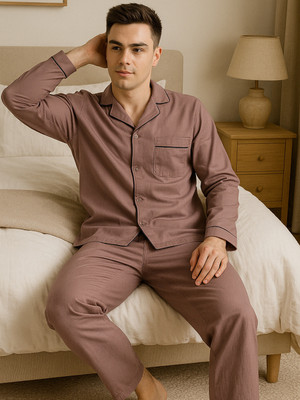 Hancock Men Solid Pink Night Suit Set