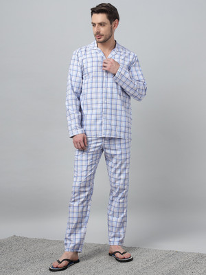 English Navy Men Checkered Blue Night Suit Set