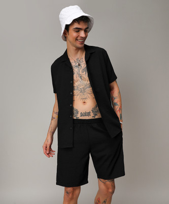 CAMPUS SUTRA Men Solid Black Top & Shorts Set