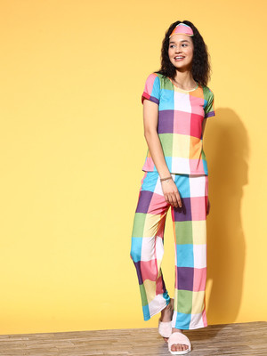 Berrylush Women Checkered Multicolor Top & Pyjama Set