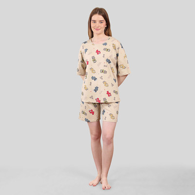 NaughTiee Women Abstract Beige Top & Shorts Set