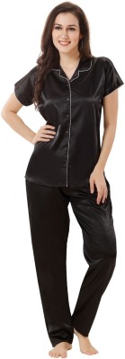 Playloungewear Women Solid Black Shirt & Pyjama set