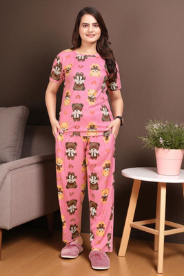 FASHION GREAB Women Printed Pink Top & Pyjama Set