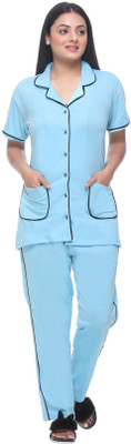 PIPASA WOMEN Women Solid Blue Shirt & Pyjama set