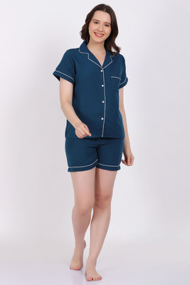 HSINTERNATIONAL Women Solid Blue Night Suit Set