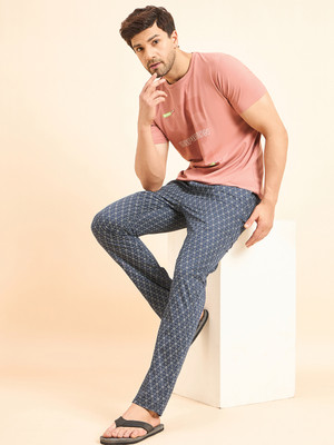 SWEET DREAMS Men Printed Orange Night Suit Set