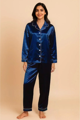 G-KA Women Solid Blue Night Suit Set
