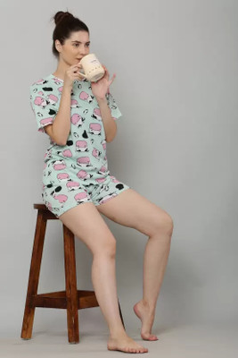 Brainbees Women Printed Light Green Top & Shorts Set