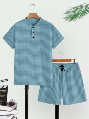 M7 By Metronaut Men Self Design Light Blue Night Suit Set