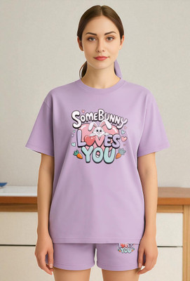 Elvia Women Printed Purple Top & Shorts Set