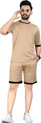 NISPRUH Men Self Design Beige Night Suit Set