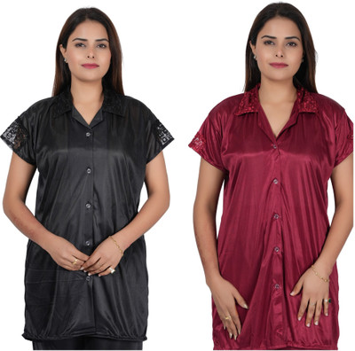 INSTRY Women Applique Black, Maroon Night Suit Set