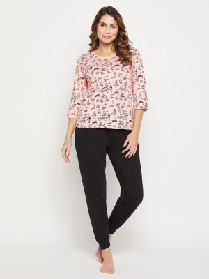 Clovia Women Geometric Print Pink Top & Pyjama Set