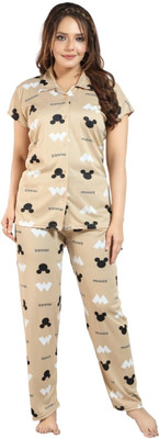 Qunity Women Printed Beige Night Suit Set