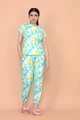 FEBVIBE Women Printed Light Green Top & Pyjama Set
