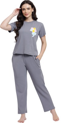 urban cat Women Printed Grey Top & Pyjama Set