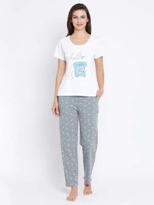 Clovia Women Graphic Print White Top & Pyjama Set