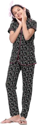 LIL ANGLES Girls Graphic Print Black Top & Pyjama Set