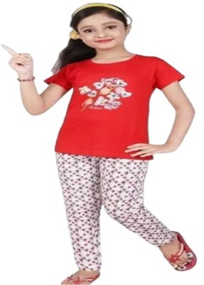 INDHRANI TEXTILE Girls Floral Print Red Top & Pyjama Set