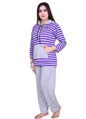 ASFashion Women Striped Purple Night Suit Set