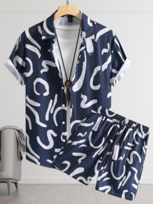 Varni Creation Men Printed Dark Blue, White Night Suit Set