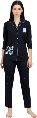 The Sleep Intimo Women Printed Dark Blue Shirt & Pyjama set