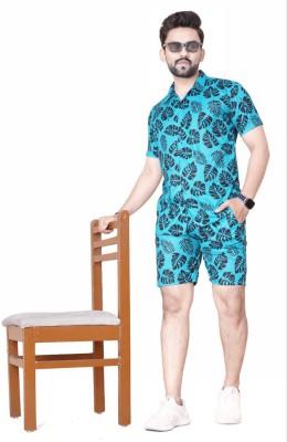 Sharanam Men Printed Light Blue Top & Shorts Set