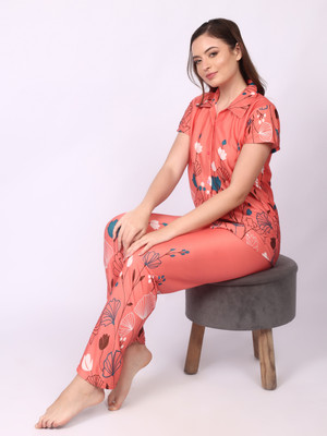 Be You Women Printed Orange Shirt & Pyjama set