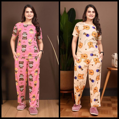 FASHION GREAB Women Printed Pink Top & Pyjama Set