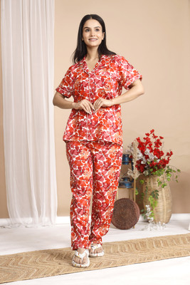 KOUTON PEARLS Women Floral Print Orange Night Suit Set