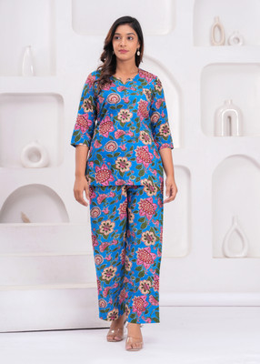 HouseOfCommon Women Floral Print Blue Night Suit Set
