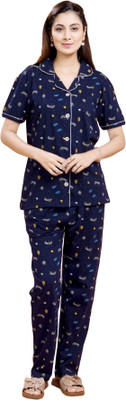 Presta Women Printed Dark Blue Night Suit Set