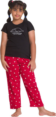 AV2 Girls Printed Black Top & Pyjama Set