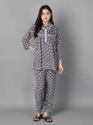 Dreamom Women Polka Print Grey Night Suit Set