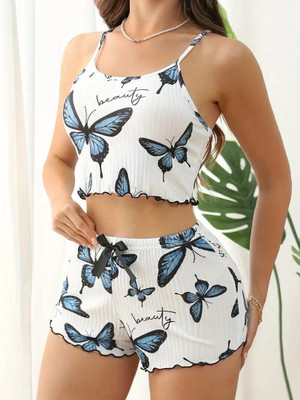 LUXZII Women Printed White Top & Shorts Set