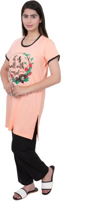 E-MAX Women Printed Orange, Black Top & Pyjama Set