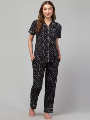 CROWNKING Women Printed Black Shirt & Pyjama set