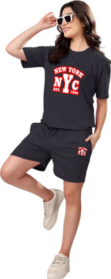FitIn OutFit Women Printed Black Top & Shorts Set
