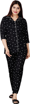 NF TOPS Women Printed Black Top & Pyjama Set