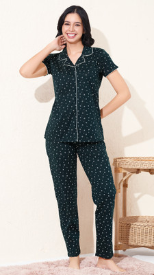 QUIRA Women Printed Green Shirt & Pyjama set