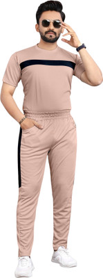NISPRUH Men Self Design Beige Night Suit Set