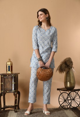 DHANOTA Women Printed Blue Night Suit Set