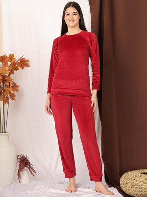ETC Women Solid Red Night Suit Set
