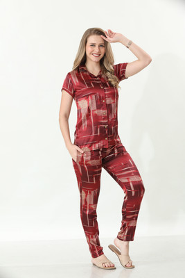 NARACHI TEXWORLD Women Printed Maroon Shirt & Pyjama set
