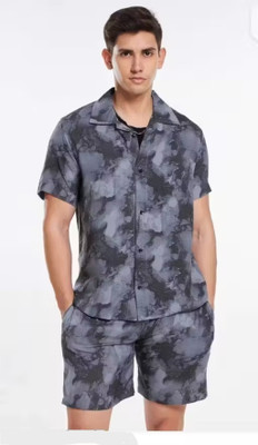 MUMIN Men Ombre/Dyed Black, Grey Shirt & Pyjama set
