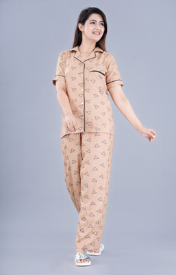 PRADHRUHE Women Printed Brown Shirt & Pyjama set